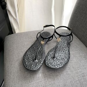 Tory Burch Emmy Embossed Black Leather Sandal Flat